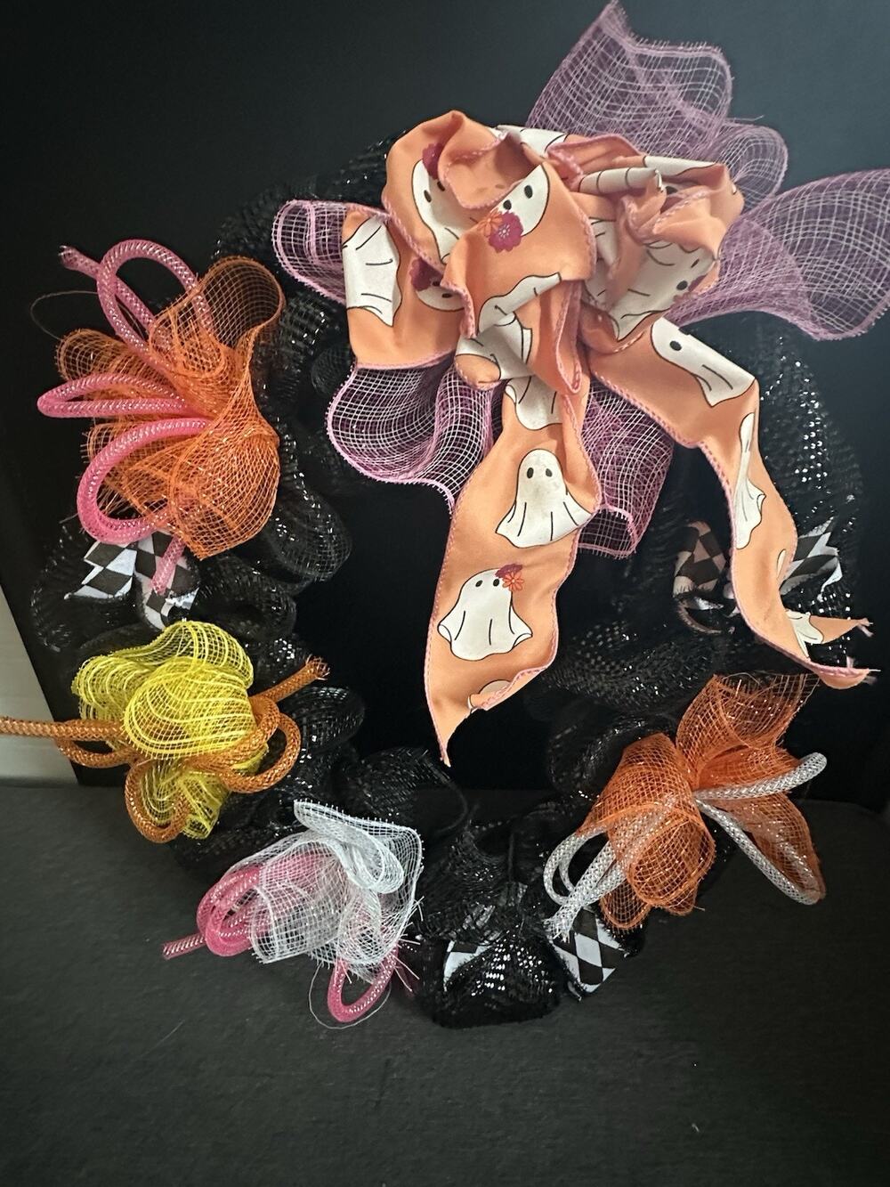 Halloween Wreath 16” Ghost Bow Black Orange Pink Mesh Door Decor